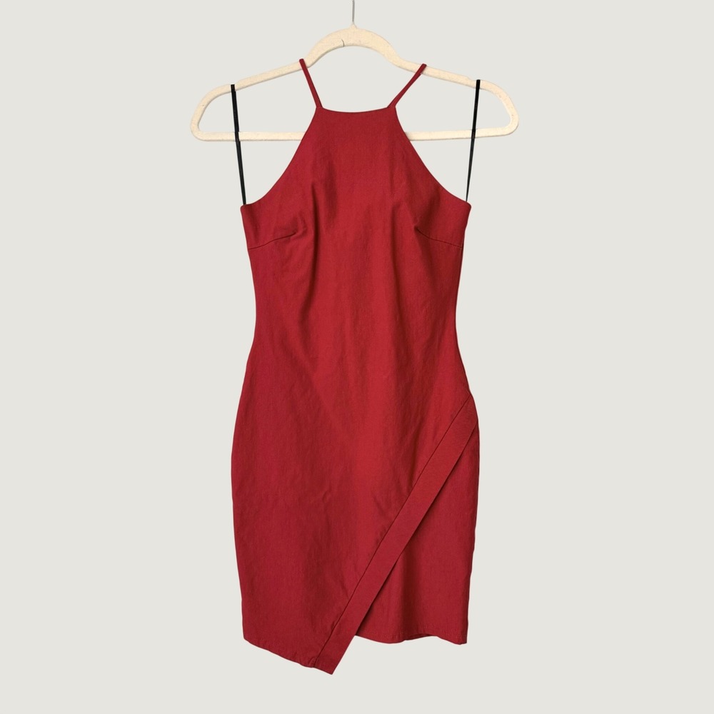 A'Gaci Women's Halter Neck Bodycon Mini Dress Asymmetrical Tulip Hem M Red Party